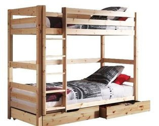 Drewniane łóżko piętrowe 180x80 cm ze stelażami i drabinką po lewej stronie MORENO II